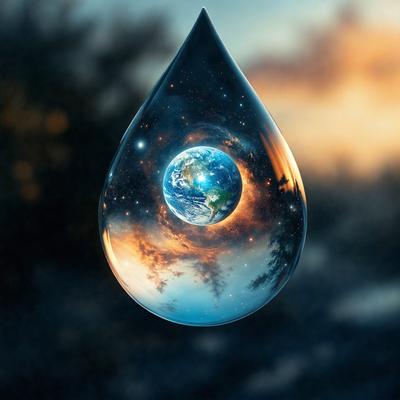 The primary subject of the image is a drop of water, which is the main focus of the scene. The setting is a night sky, with the drop of water surrounded by stars. The visual style of the image is a digital art or illustration, creating a unique and artistic representation of the drop of water. The colors and mood of the image are predominantly dark and moody, with the drop of water and the night sky as the main elements.